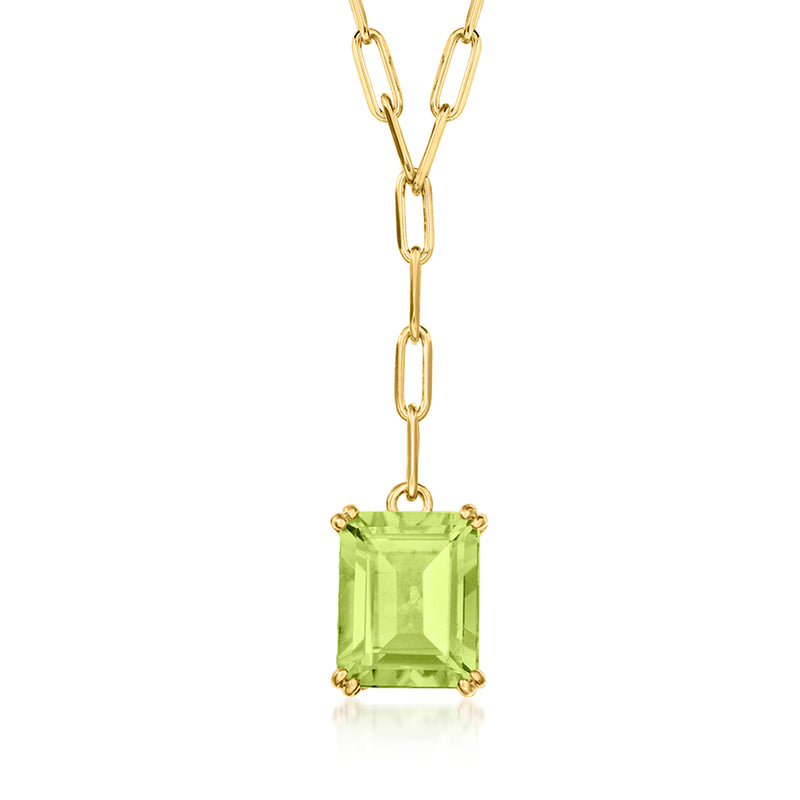 Gold paper-clip Y-necklace with square peridot pendant and faceted green stone