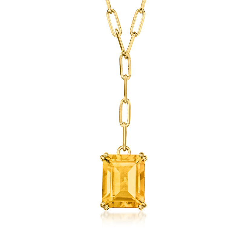 18kt gold over sterling y-necklace with paper-clip chain and rectangular citrine pendant
