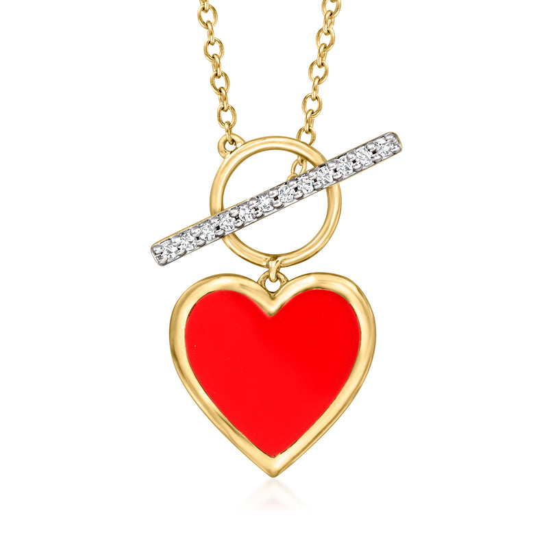 18kt gold heart toggle necklace with red enamel heart pendant and diamond-studded bar clasp