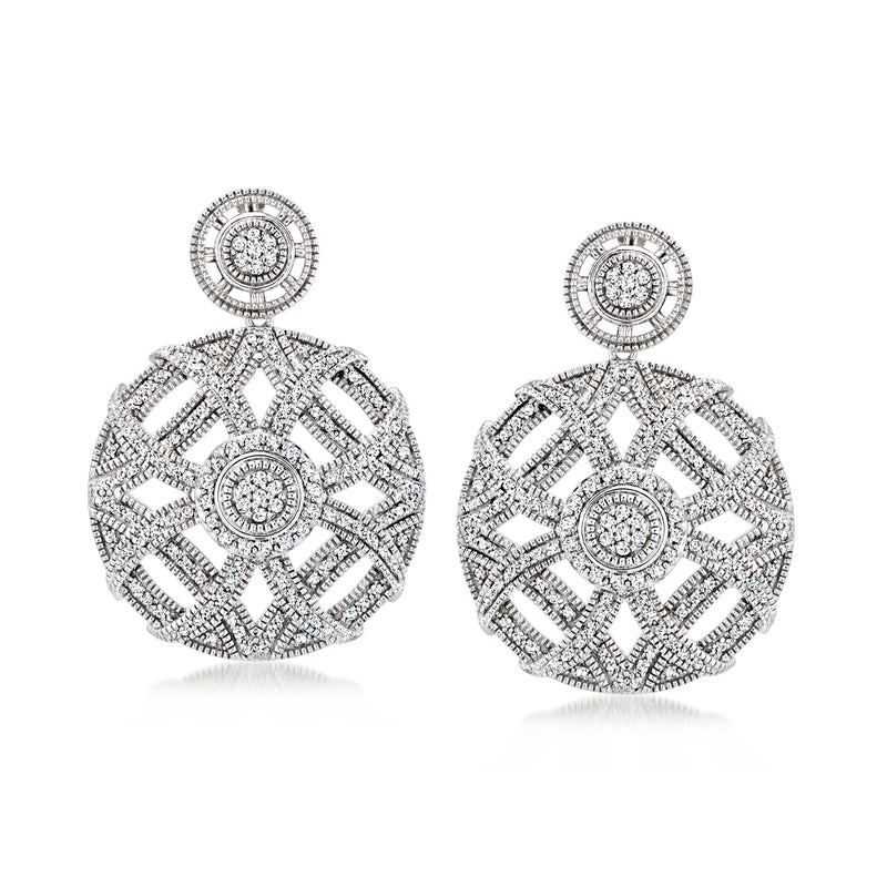 Sterling silver openwork circle drop earrings with round halo top and dangling disc