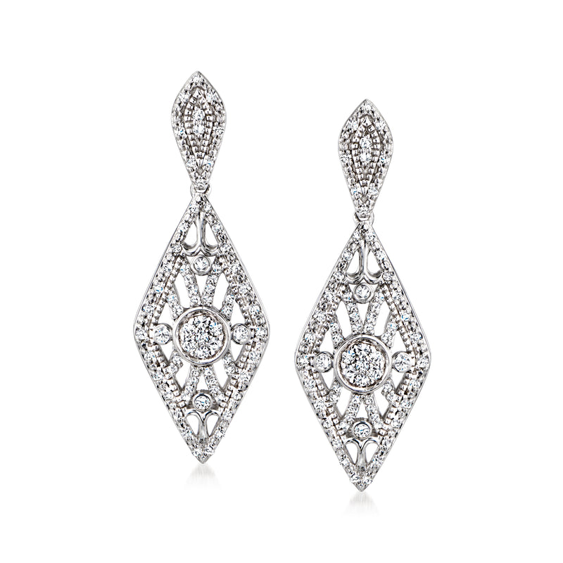 Sterling silver diamond kite openwork drop earrings with circular center detail