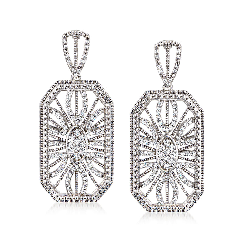 Sterling silver octagonal openwork drop earrings with round diamond-look center