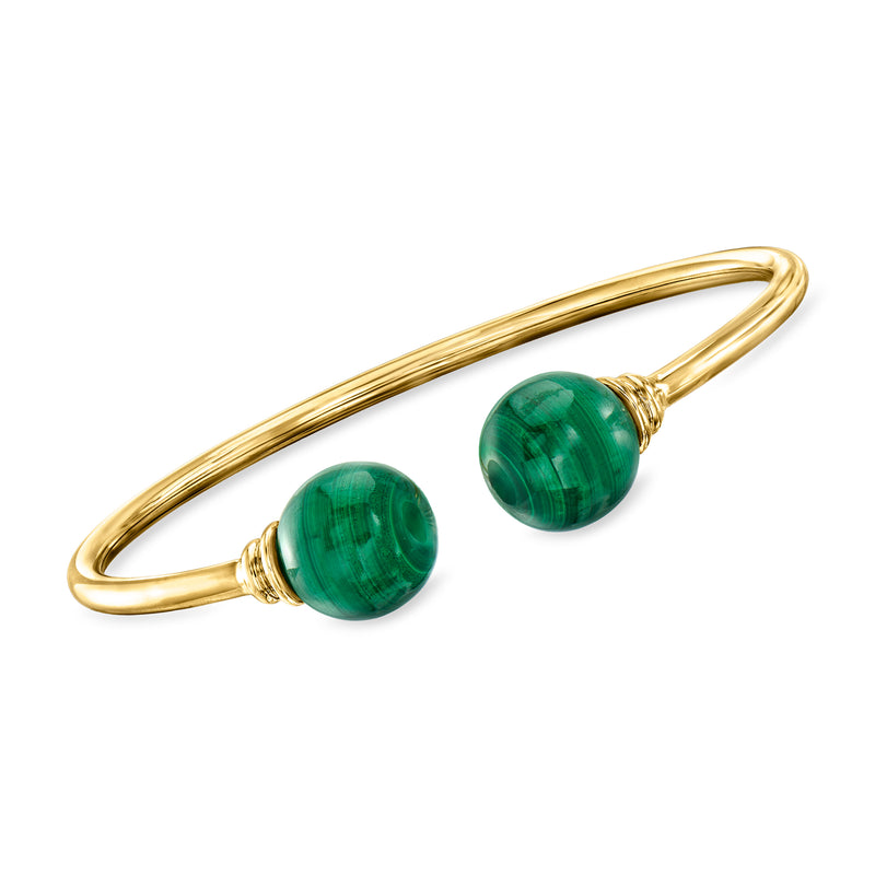 Gold-tone malachite cuff bracelet with two oval green stone cabochons