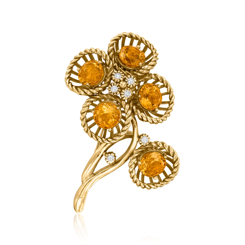 Vintage 14kt yellow gold floral pin with round citrine and diamond accents