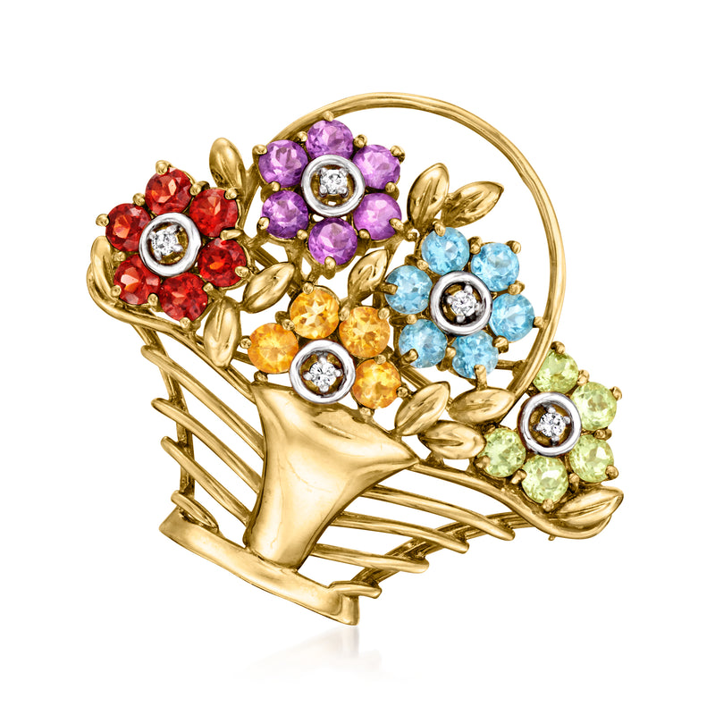 14kt gold flower basket pin with multicolor gemstones and diamond centers