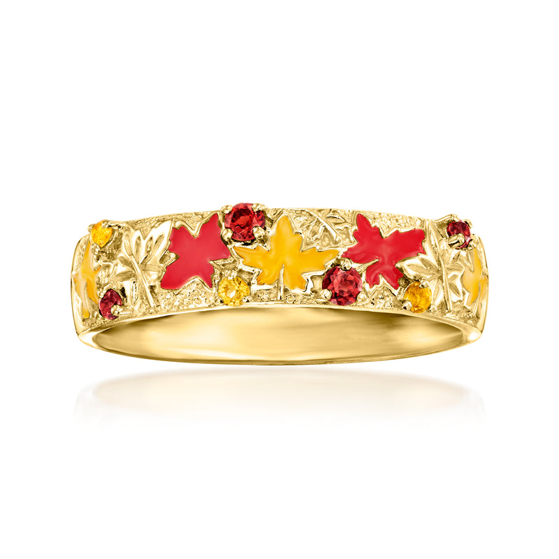 Gold-tone leaf ring with red and yellow enamel, red gemstone accents, wide band