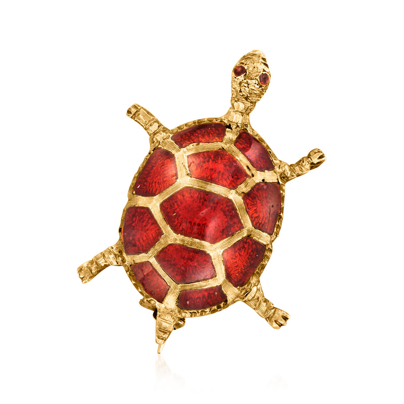 Vintage gold turtle pin with red enamel shell and detailed legs