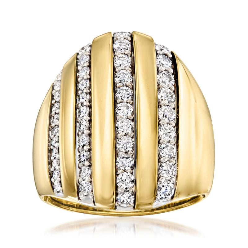 18kt yellow gold striped diamond ring with three raised diamond rows