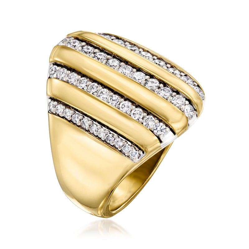 Yellow gold striped diamond ring with inset diamond-set bands across the top