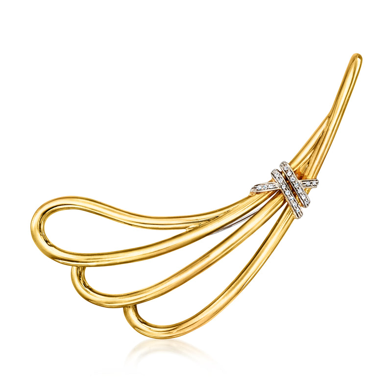 Two-tone gold fan pin with diamond-like stones on ribbon loops