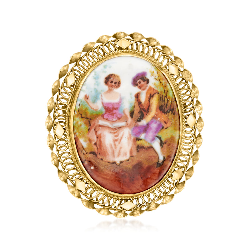 Vintage hand-painted ceramic cameo pin in 14kt yellow gold, oval frame with painted portrait scene