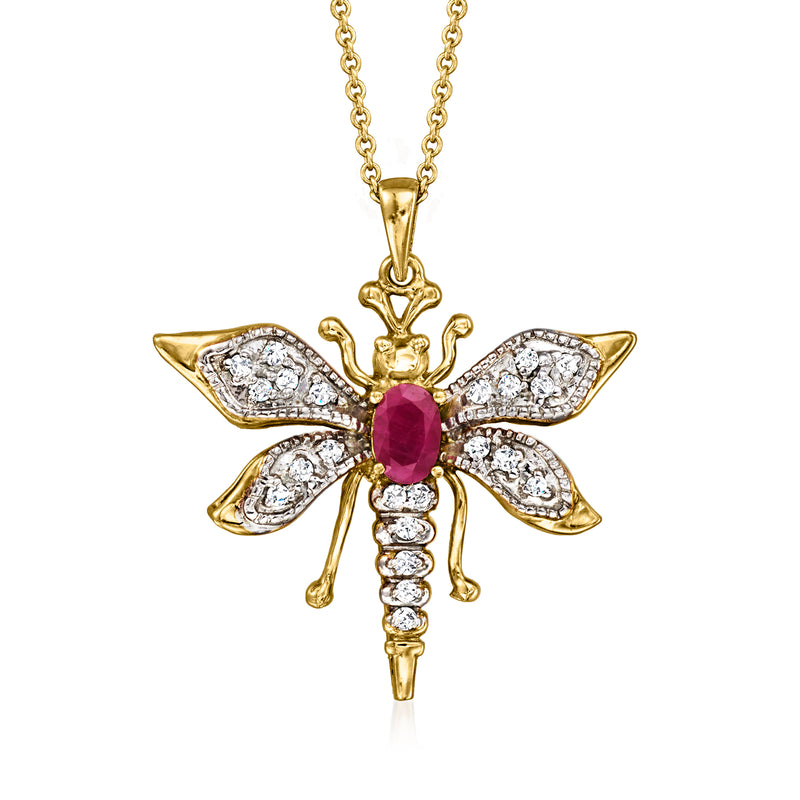 Vintage 14kt yellow gold dragonfly pendant necklace with ruby center and diamond wings