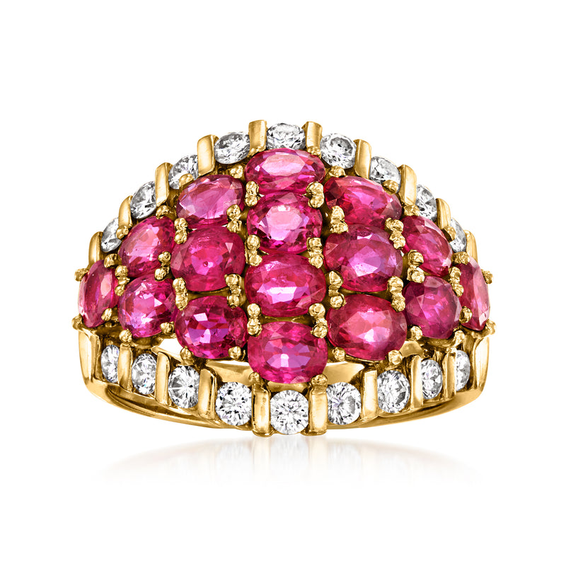 18kt yellow gold ruby cluster ring with pink oval stones and white diamond accents