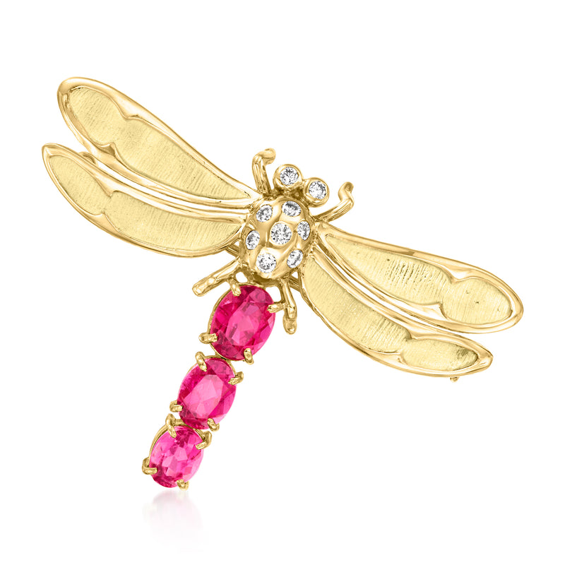18kt yellow gold dragonfly pin with pink gemstones and clear diamond accents
