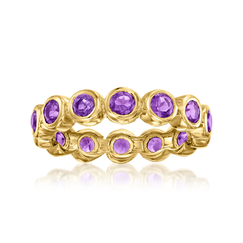 18kt gold over sterling amethyst eternity band with round purple gemstones in gold bezels
