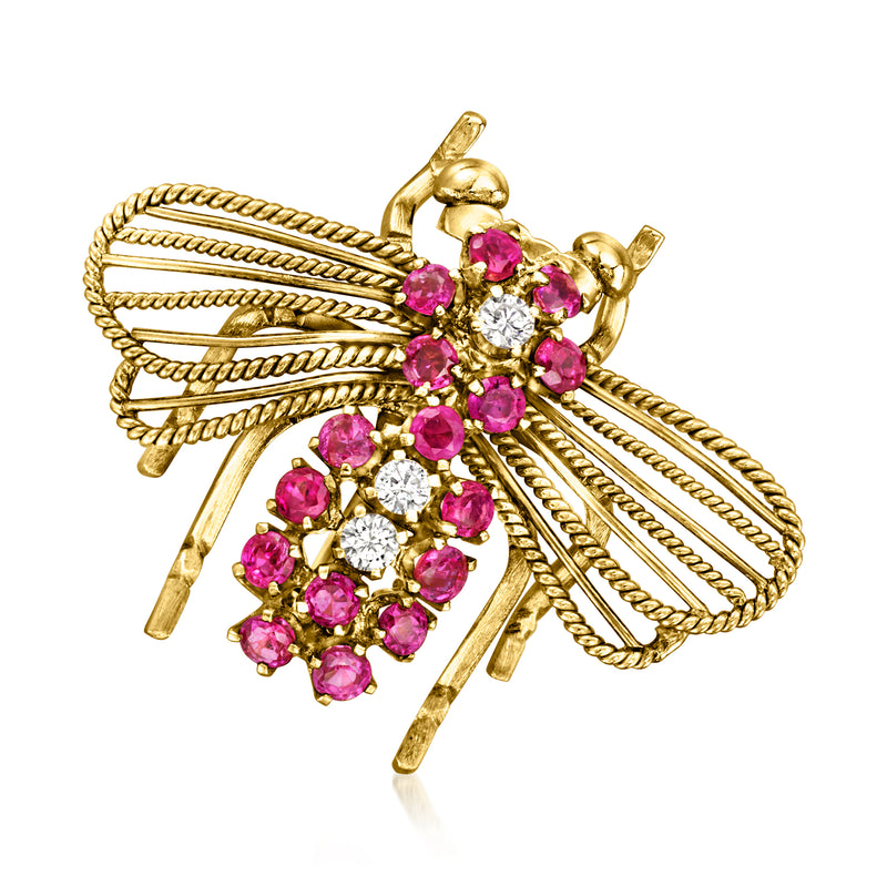 Vintage bumblebee pin in gold with pink ruby and clear diamond-like stones