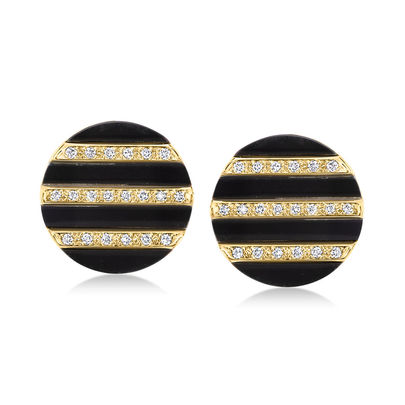 Striped round onyx and diamond stud earrings in yellow gold, with horizontal gold bands