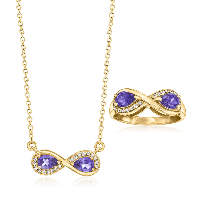 Gold-tone jewelry set with purple pear-cut stones and white zircon accents: necklace & ring