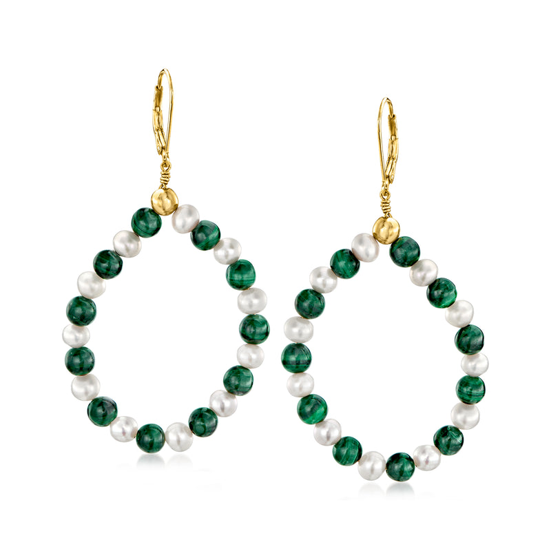 18kt gold leverback earrings with white cultured pearls and green malachite beads.