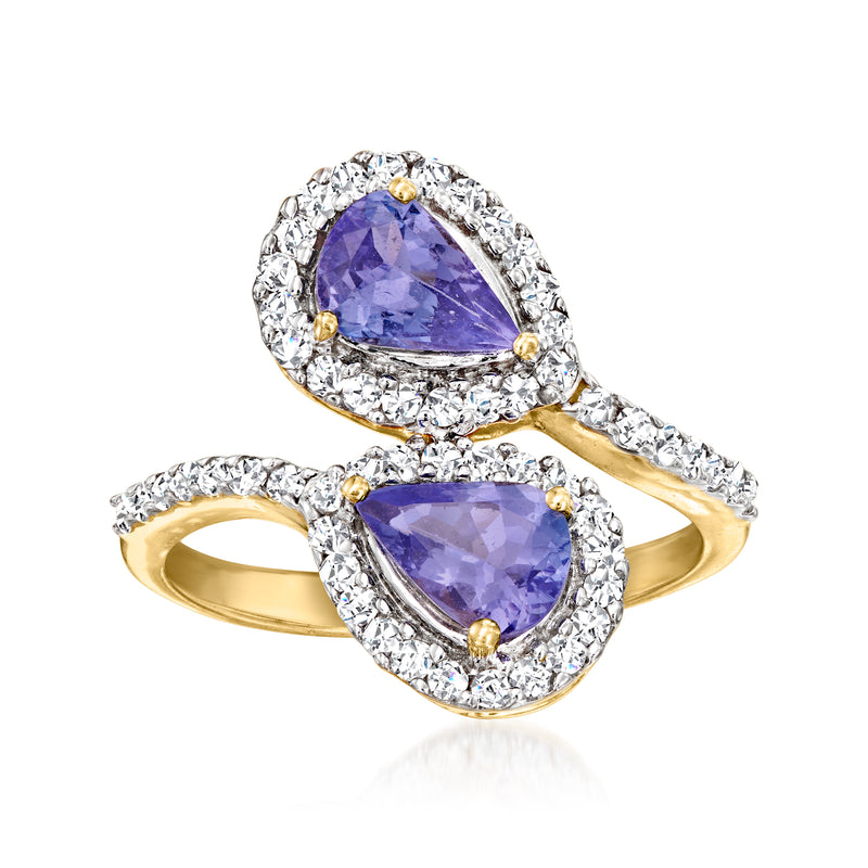 14kt yellow gold bypass ring with pear-cut purple tanzanite and white zircon
