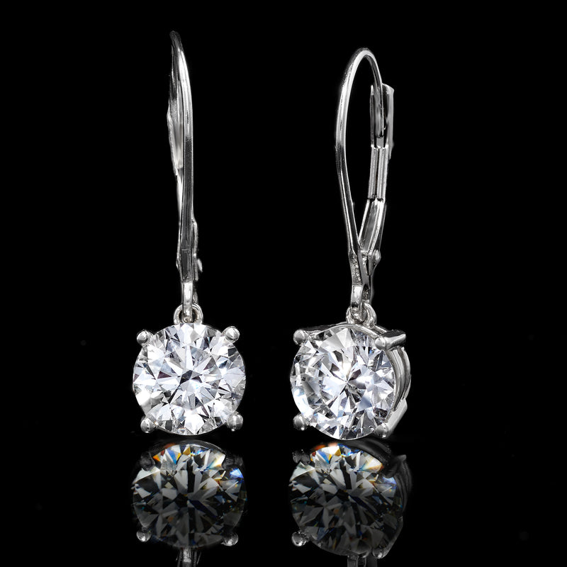 Round lab-grown diamond drop earrings side view, 14kt white gold leverback