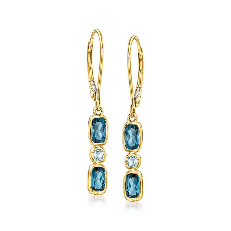 14kt yellow gold leverback drop earrings with blue and clear gemstones, four stone design