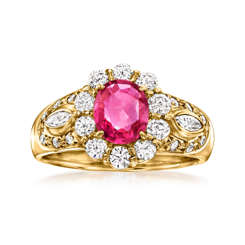 18kt yellow gold vintage ruby and diamond ring with oval pink center stone