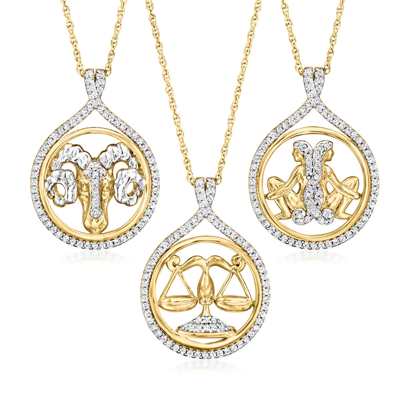 Three gold-tone zodiac pendant necklaces with round white-crystal bezels and chain