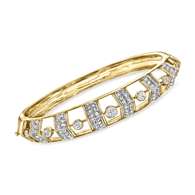 14kt yellow gold diamond bangle bracelet with repeating rectangular stone settings