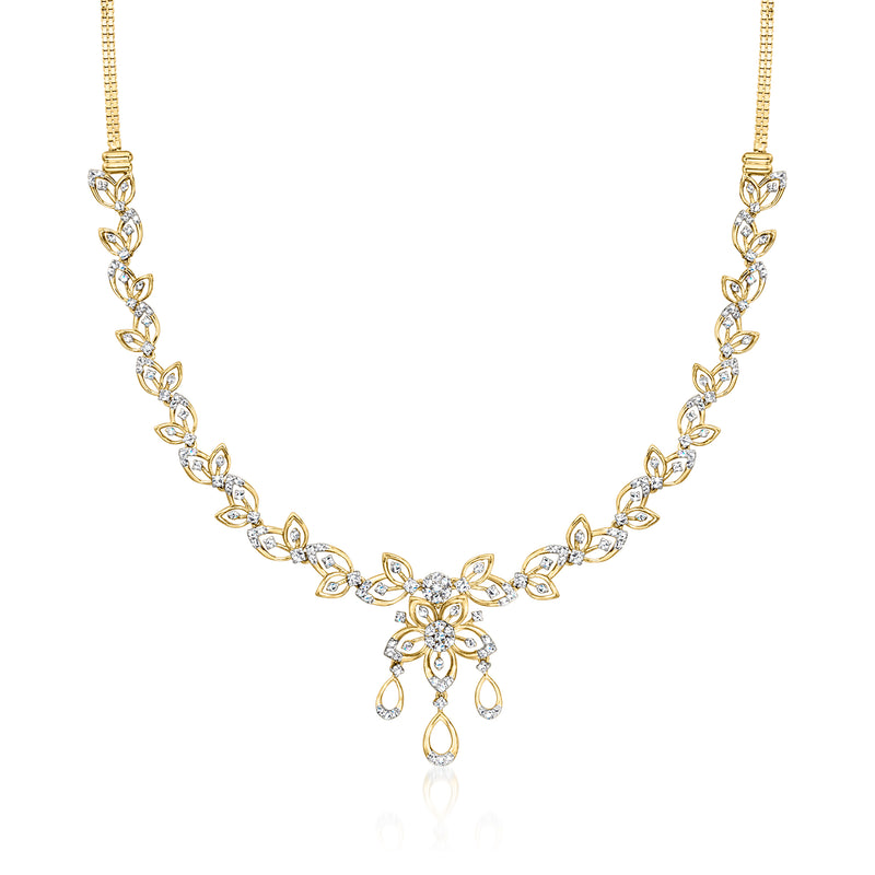 18kt gold over sterling floral drop diamond necklace with teardrop links and round stones