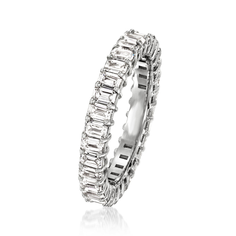 Side view of 14kt white gold eternity band with emerald-cut diamond rows
