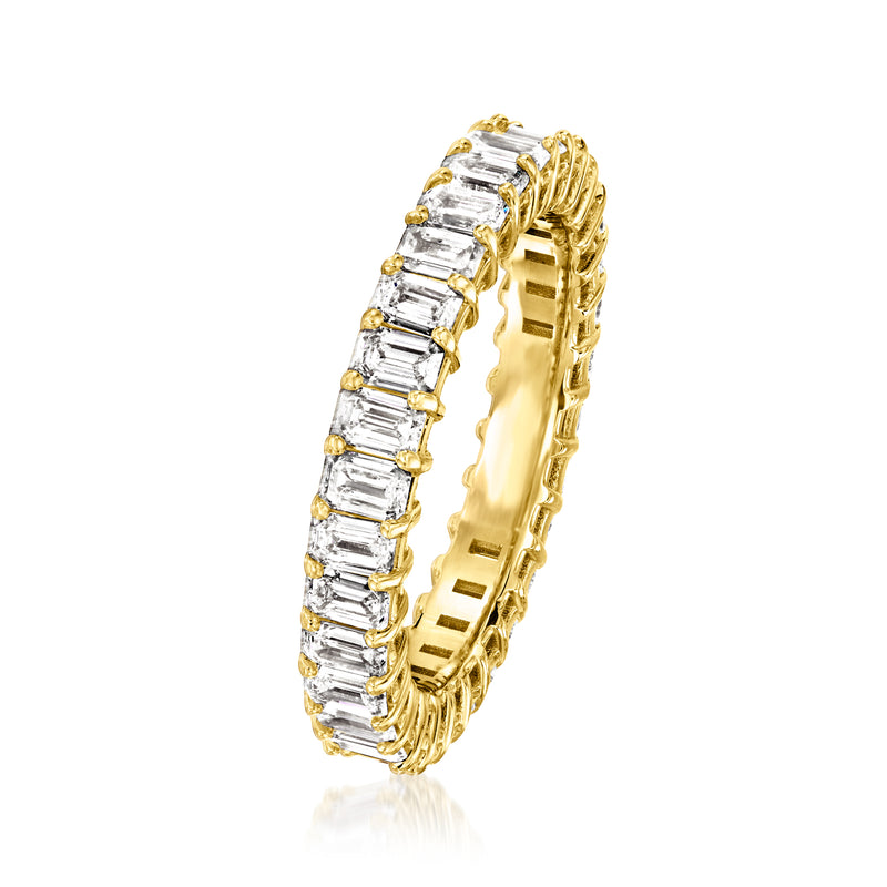 14kt yellow gold eternity band with emerald-cut lab-grown diamonds, side profile