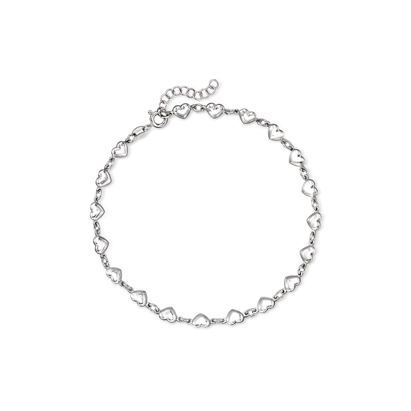 Sterling silver anklet with puffed heart charm links and adjustable clasp