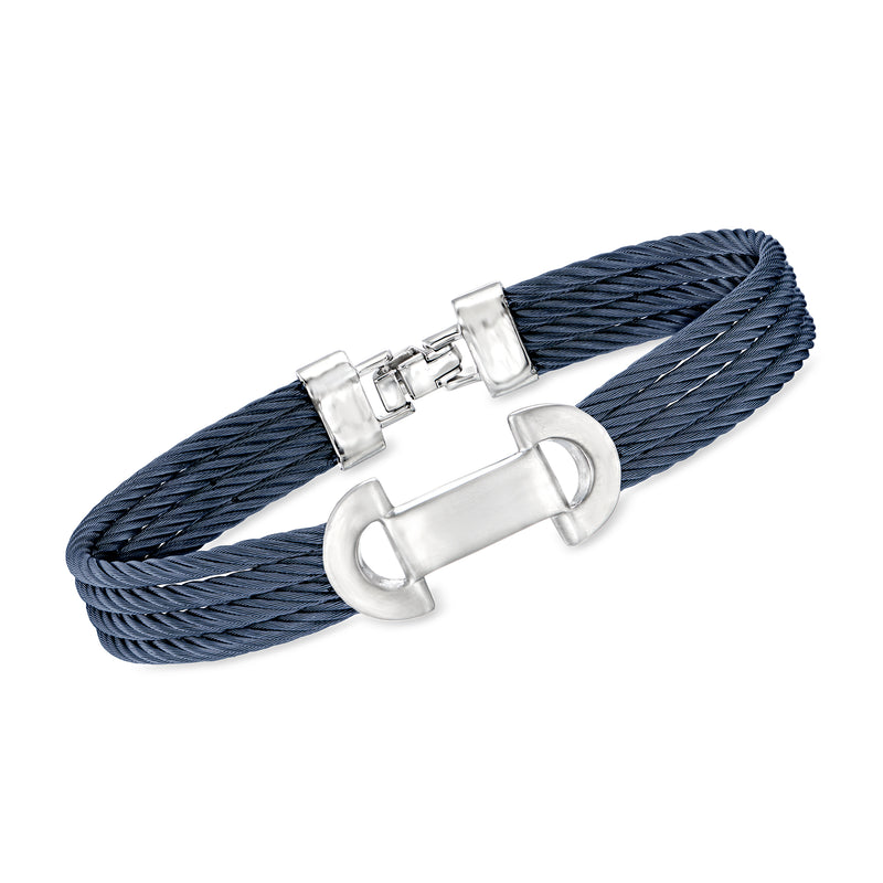 Men's cable ID bracelet with navy woven strap and polished stainless steel clasp