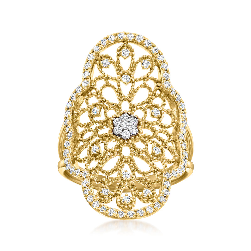 18kt gold filigree dinner ring with oval openwork design, round diamond center, and halo