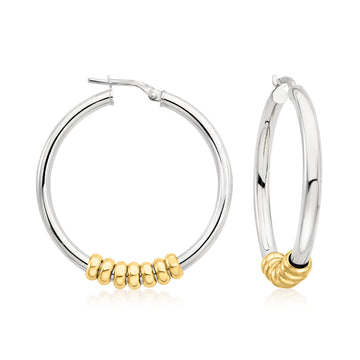 Italian 3mm Two-Tone Sterling Silver Removable Bead Hoop Earrings. 1 1/2"