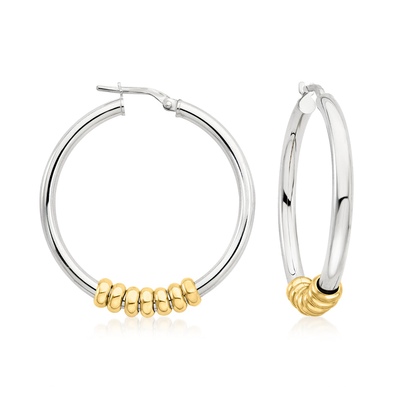 Two-tone sterling silver hoop earrings with row of gold removable beads