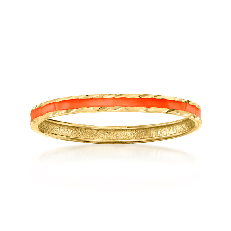 Orange enamel ring band with 14kt yellow gold bezel, polished finish