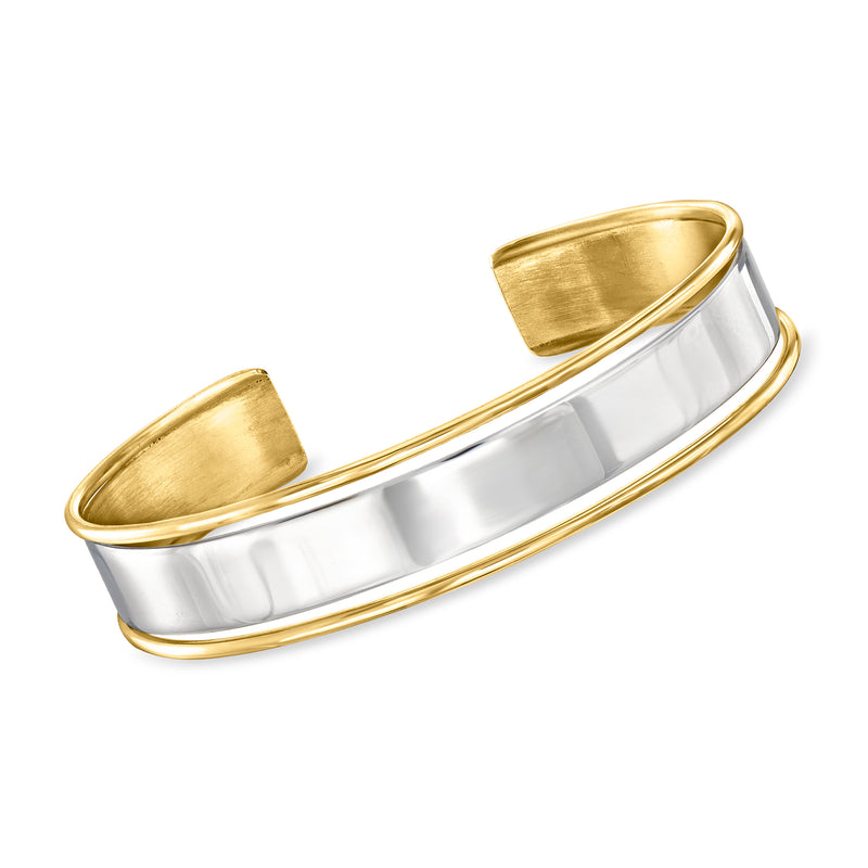 Two-tone sterling silver cuff bracelet with gold-toned curved ends