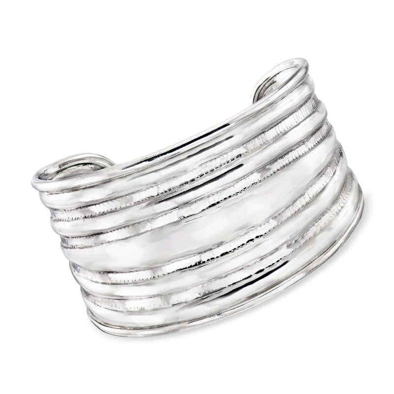 Sterling silver line-pattern cuff bracelet with multiple curved ridges