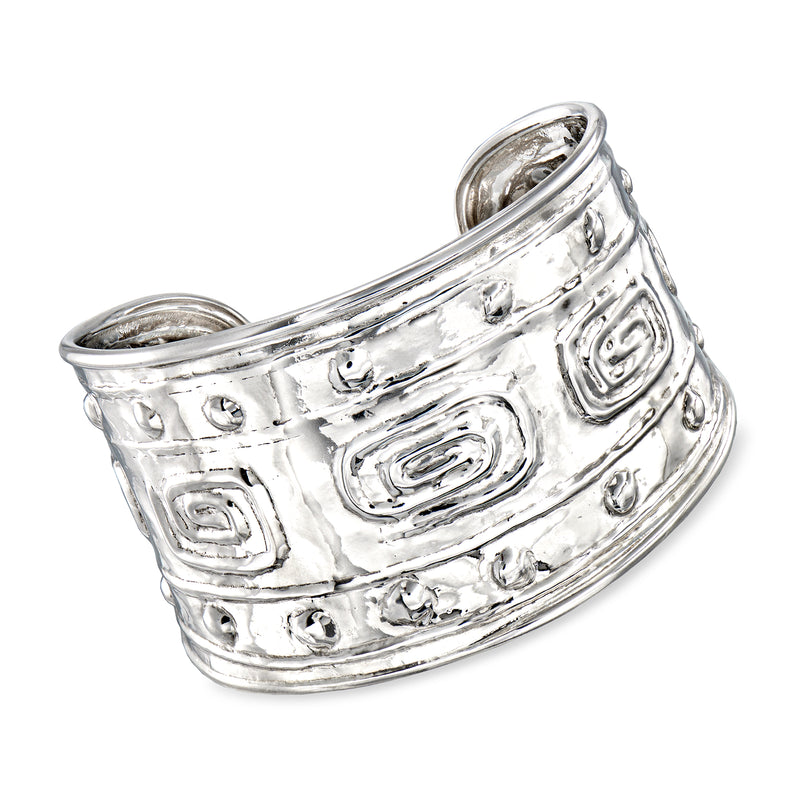 Sterling silver cuff bracelet with engraved Etruscan-style relief and open design