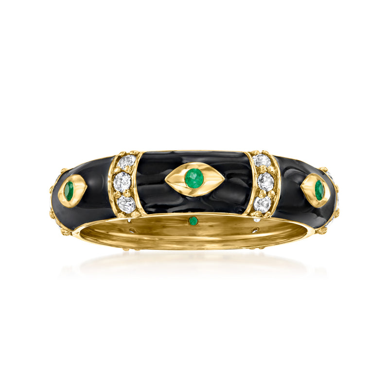 18kt gold overlay evil eye ring with black enamel oval, green stones, and clear accents