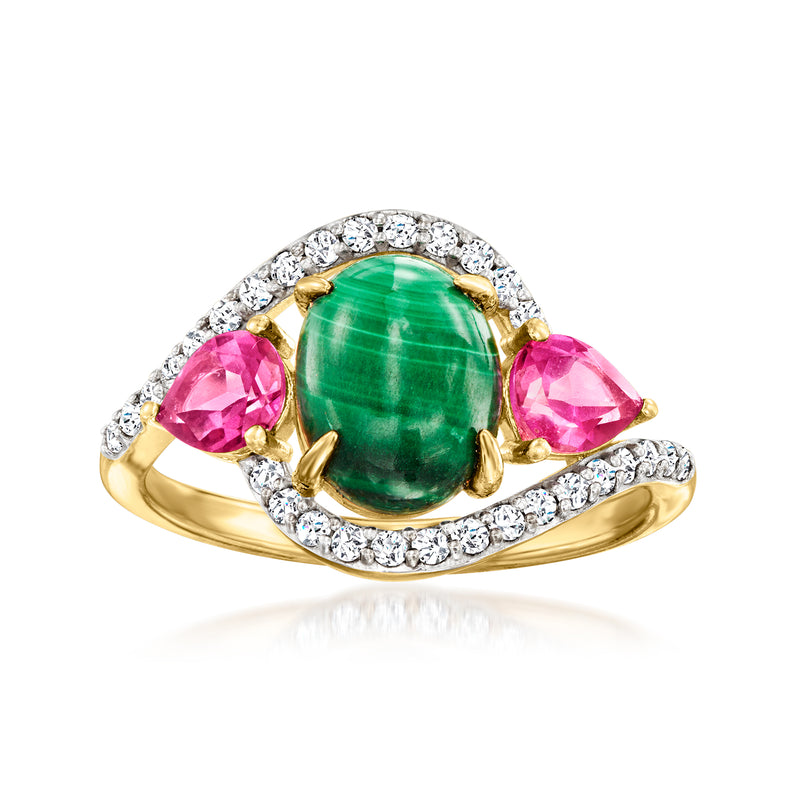 Gold over sterling ring with green malachite center, pink and white stones
