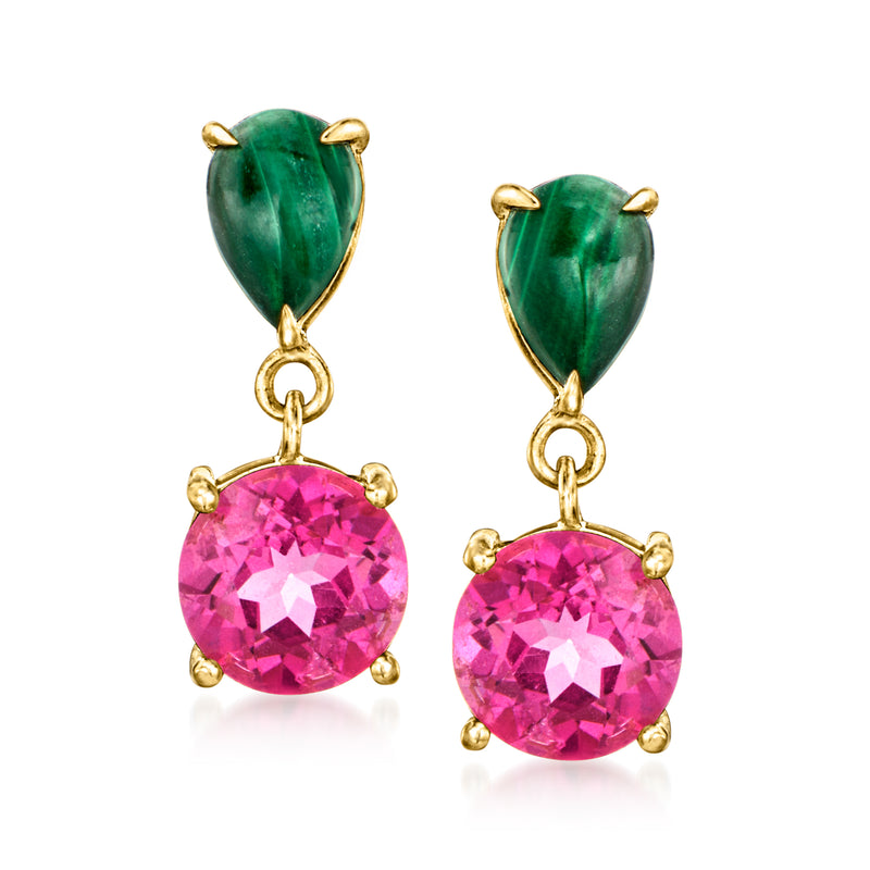 Gold-tone drop earrings with green malachite teardrops and round pink gemstones