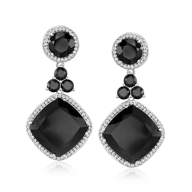 Sterling silver drop earrings with black round and cushion-cut stones and glitter halos