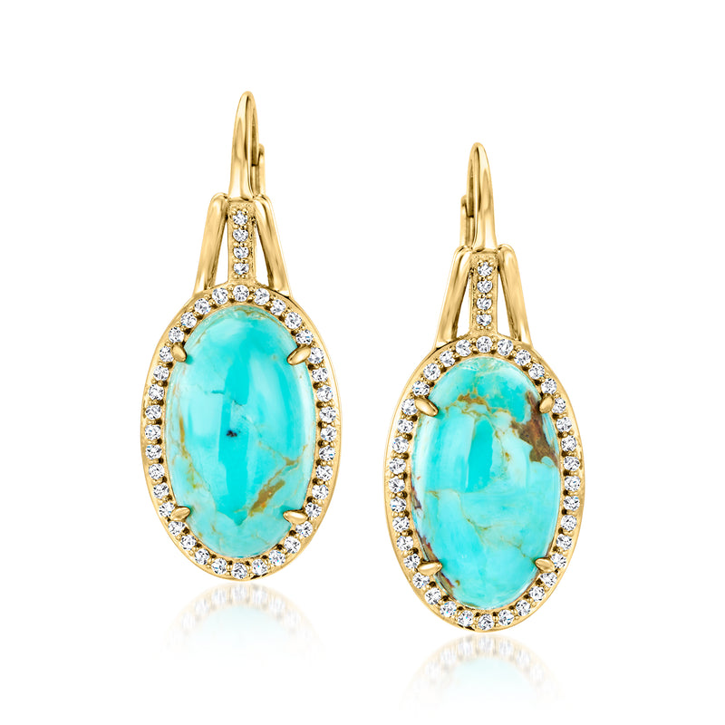 Oval turquoise cabochon leverback earrings in gold with white stone halo