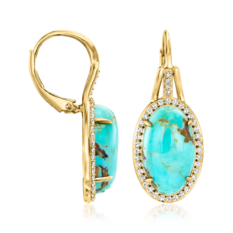 Turquoise and white topaz leverback earrings in gold over sterling