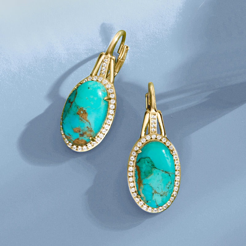 Turquoise leverback earrings with white topaz in gold over sterling