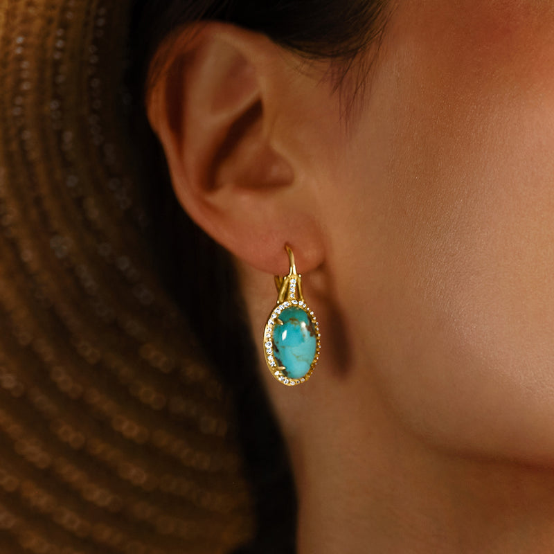 Turquoise and white topaz leverback earrings in gold