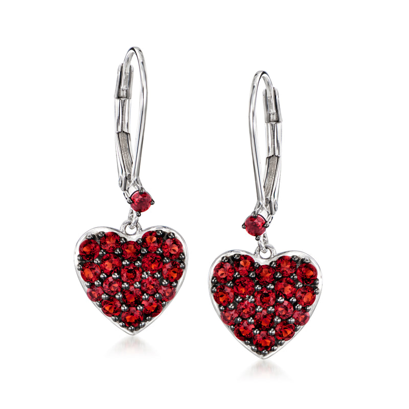 Sterling silver leverback earrings with red heart drop gemstone design